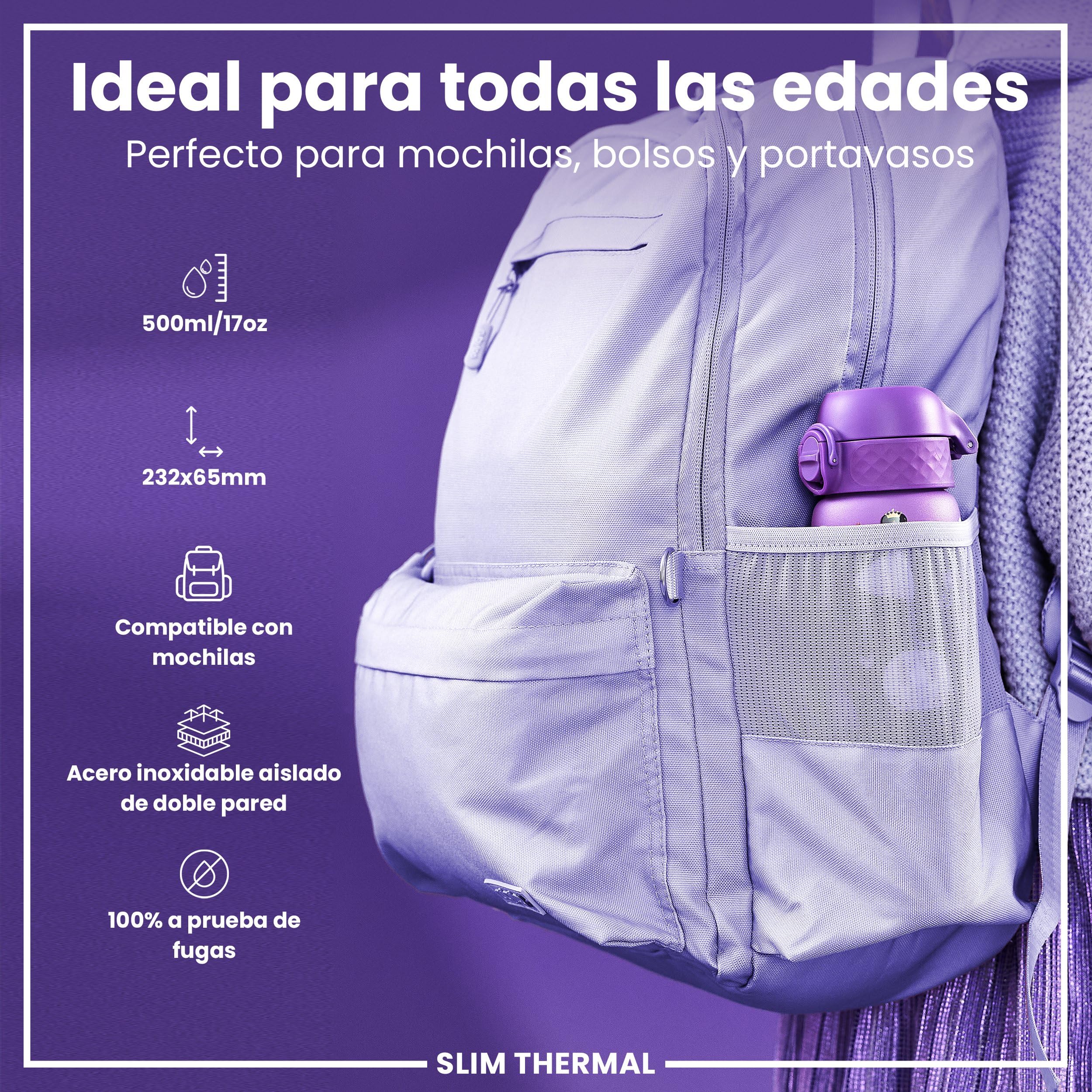 ion8 Botella Agua Acero Inoxidable Termica, 500ml, a Prueba de Fugas, Fácil de Abrir, Cerradura Segura, Aptas para Lavavajillas, Adapta a Portavasos, Asa de Transporte, Princesa