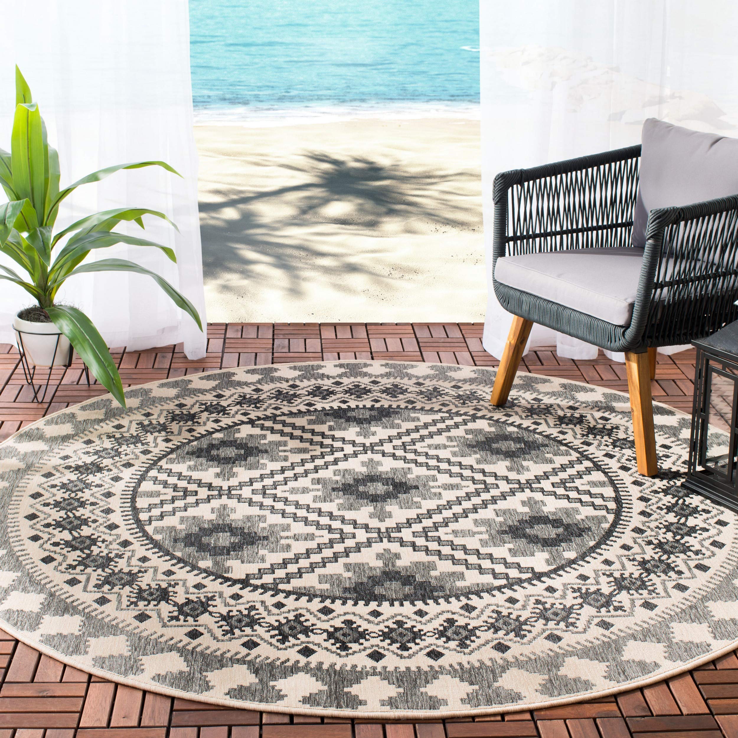 SAFAVIEH Washable Rug Outdoor Veranda Collection - 5'3" Round, Ivory & Slate, Non-Shedding & Easy to Clean, Ideal for Patio, Backyard, Mudroom (VER099