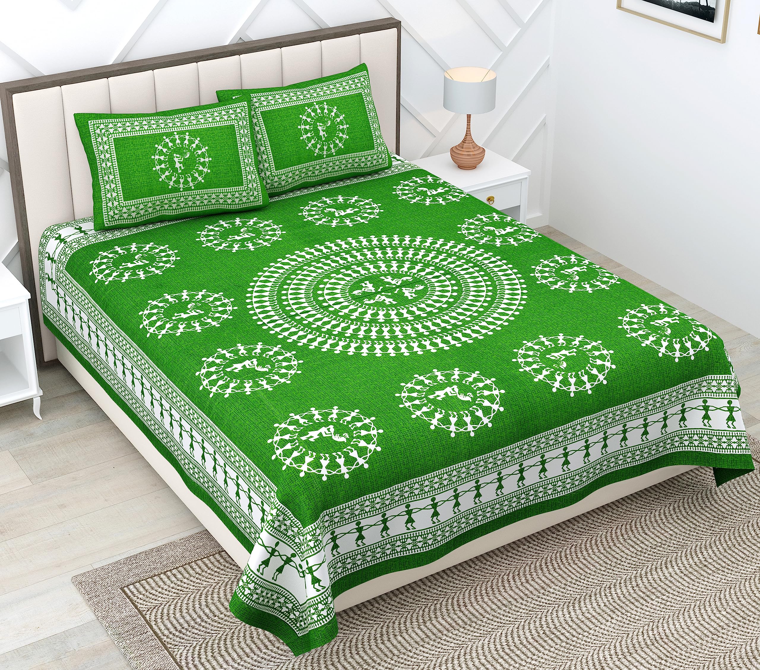 RajasthaniKart® Pure 100% Cotton Double Bed Sheet with 2 Pillow Covers (Bedsheet for Double Bed Cton, Green, 5276)
