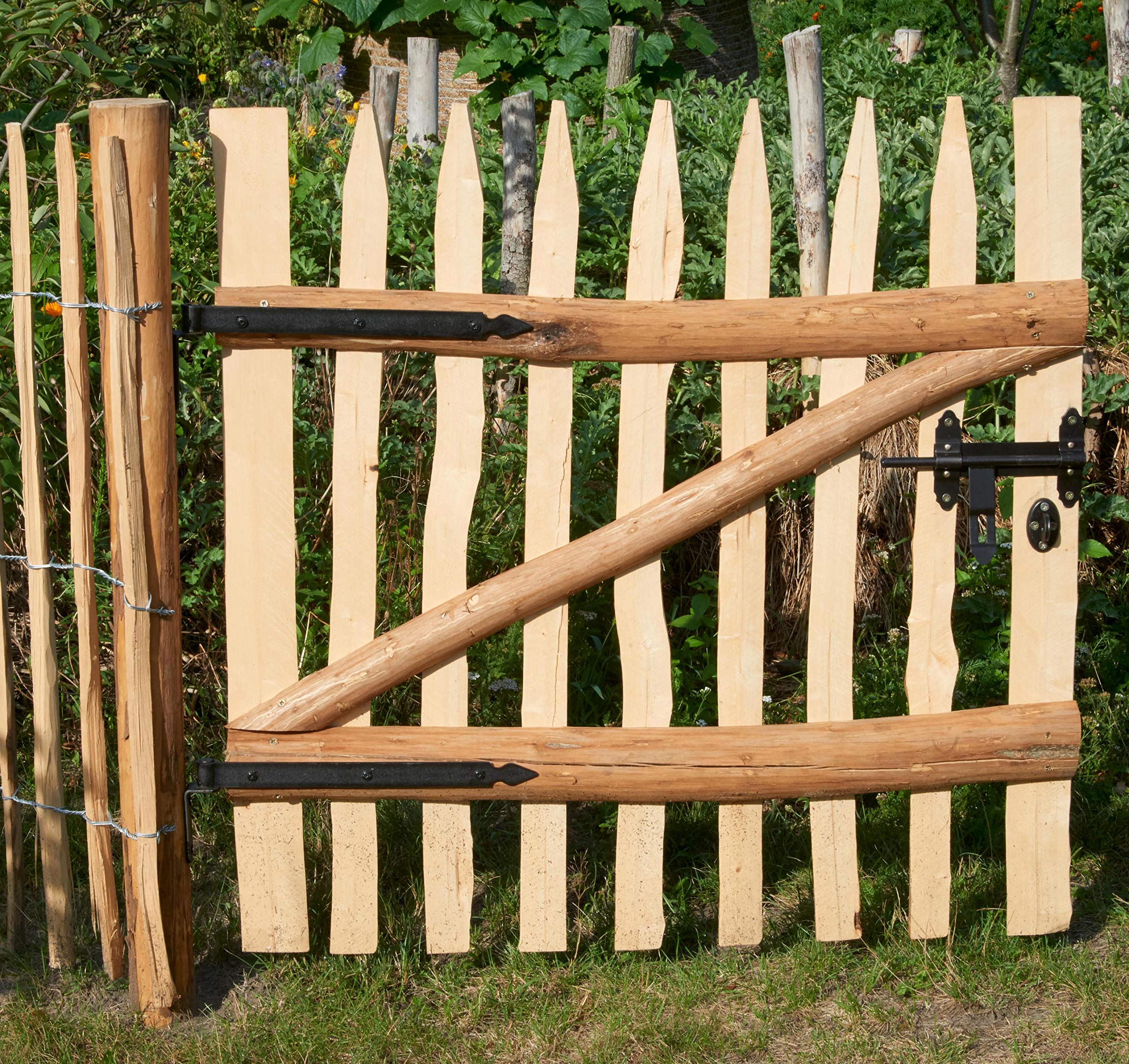 BOGATECO Grande Portillon Ferme Jardin en Bois | Largeur: 100cm | Hauteur: 120 cm | Largeur Entre Piquets de Clôture 6-7 cm | Comprend Charnières et Accessoires | Porte S'ouvre à Droite