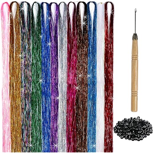 Hair Tinsel Kit 12 Colors 2400 Strands Tinsel Hair Extension 47 Inches with Tools for Girls and Women Fairy Hair Tinsel Heat Resistant for Christmas, New Year, Halloween and Parties