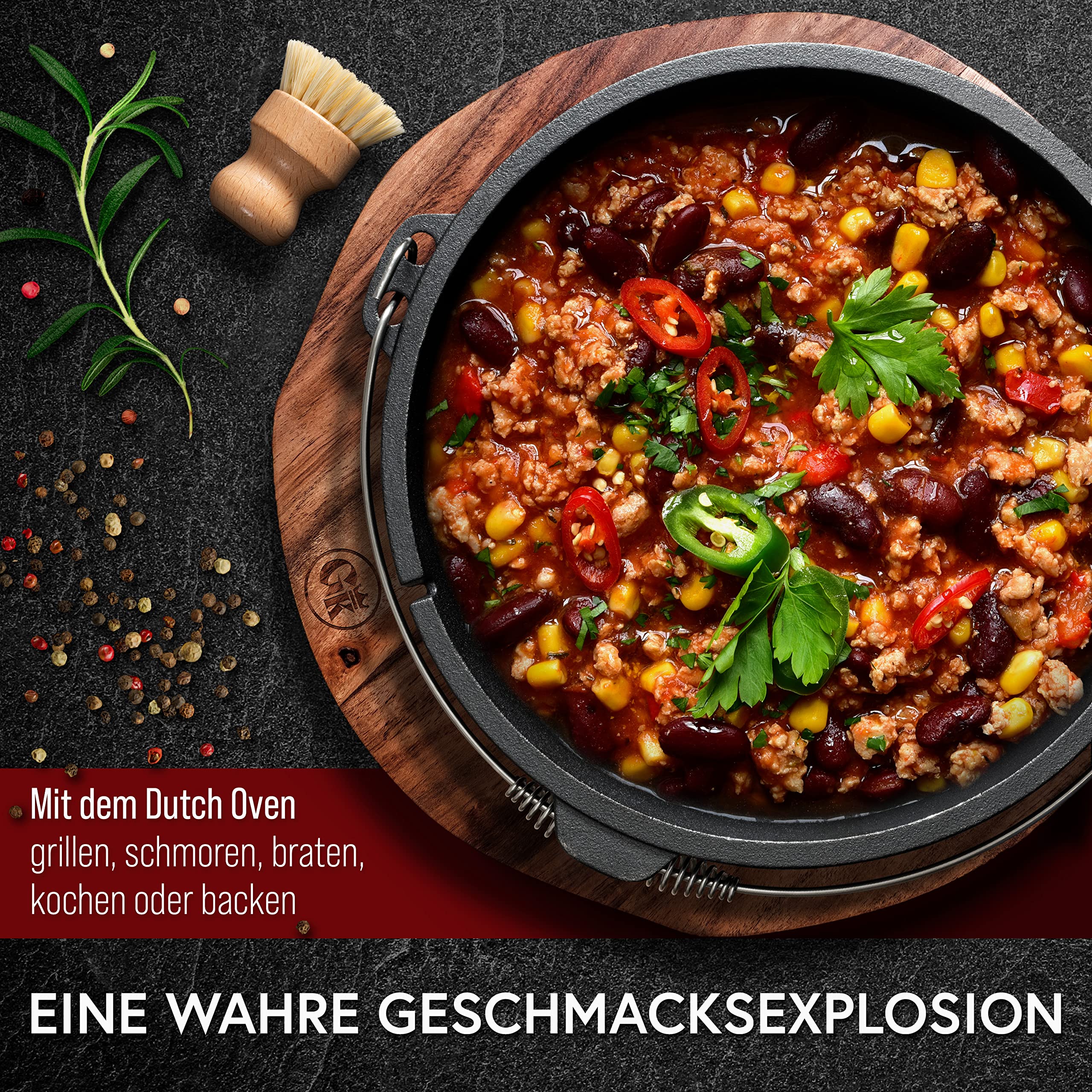 GUSSKÖNIG dutch oven Cocotte Fonte Barbecue - Cocotte Émaillée 9L sans Pieds - Chaudron en fonte - Double Fonction -Marmite fonte-Marmite feu de bois, Inclus : Brosse & Livre de Recettes[4-7 Pers.]