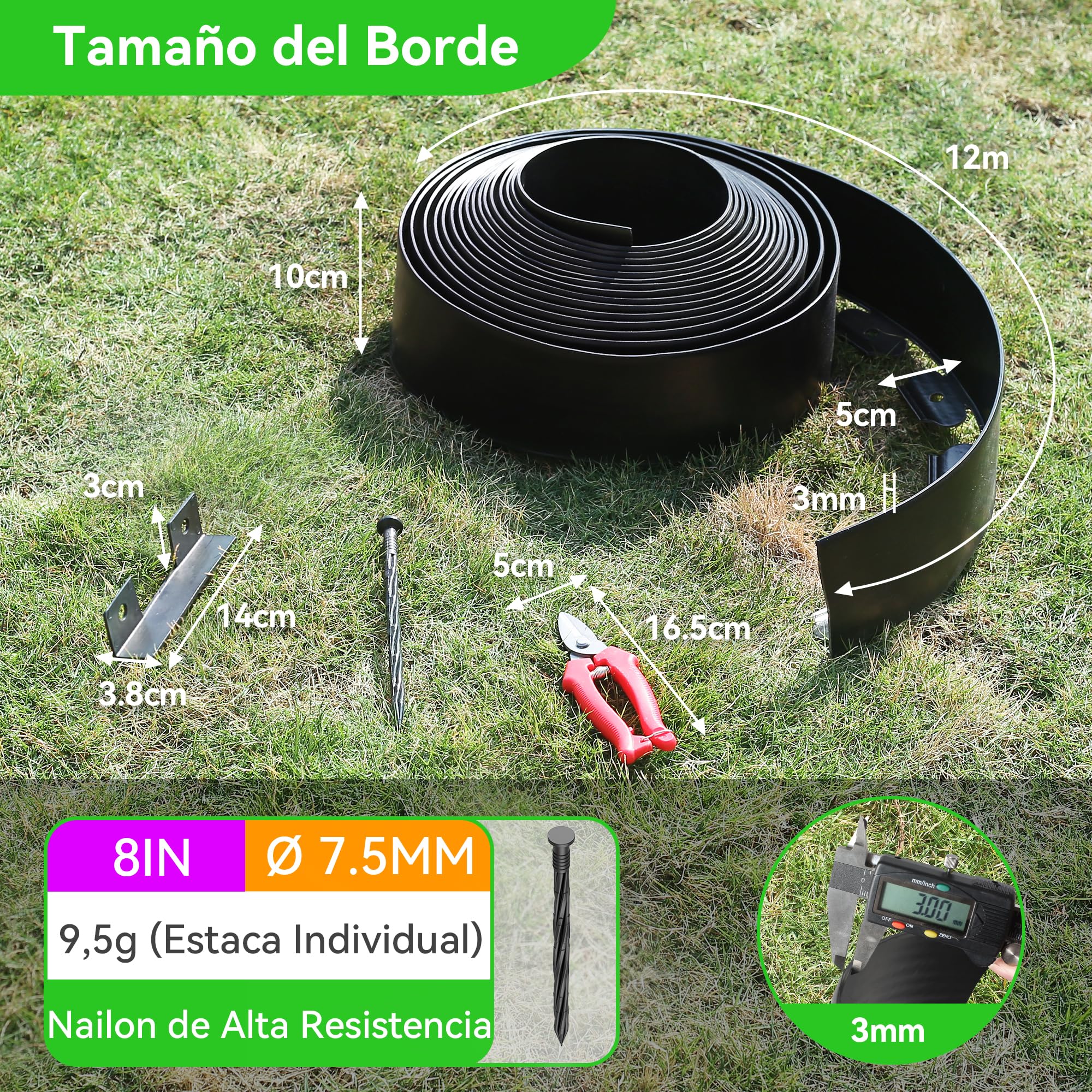10cm de Alto 12m Borde de Jardín Sin Excavar con 60 Piquetas de Plástico de 20cm y 4 Conectores – Kit de Borde para Jardín con Tijeras para Paisajismo, Césped, Macizos de Flores y Patio