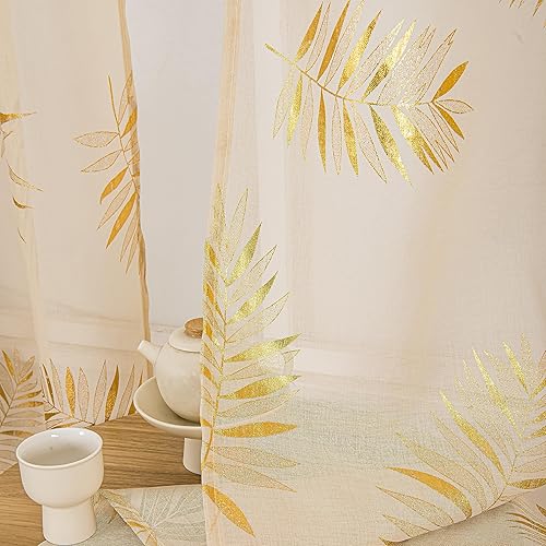 Miniatura 3 de Sutuo Home Juego de 2 paneles de cortinas traslúcidas color caqui de 96 pulgadas de largo, hojas tropicales bronceadas metálicas con estampado