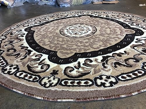Miniatura 5 de Tapete persa redondo tradicional para zona, diseño de Americana 101 (4 pies x4 pies, redondo), Poliéster & Mezcla de poliéster, Beige
