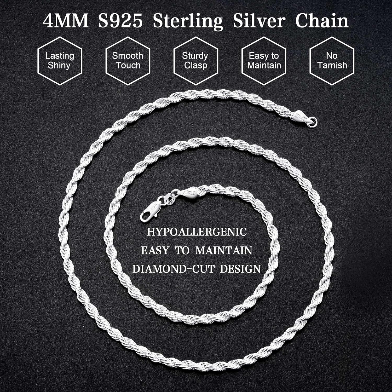 925 Sterling Silver Chain for Men, Rope Chain Necklace Over 3mm/4mm Silver Necklace Chains Gifts for Women Father Boyfriend 18/20/22/24/26/30 Inches