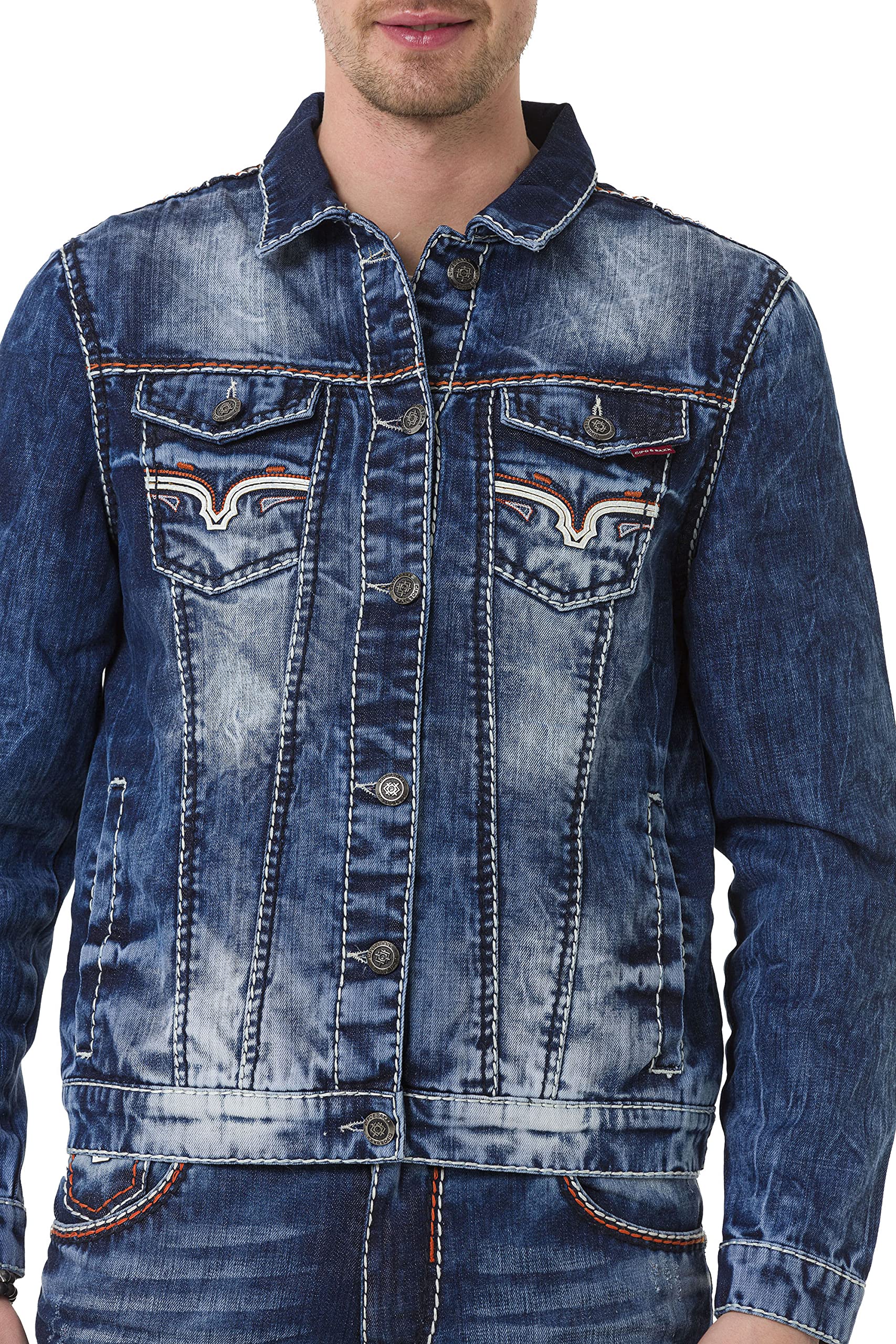 Cipo & Baxx Herren Jeansjacke Series – Klassische Denim, Leder, Sport Verschiedene Jackenmodelle – Knopf und Reißverschluss – Sweat-Kapuze und Sweatärmeln – mit Modernen Komfort-Details