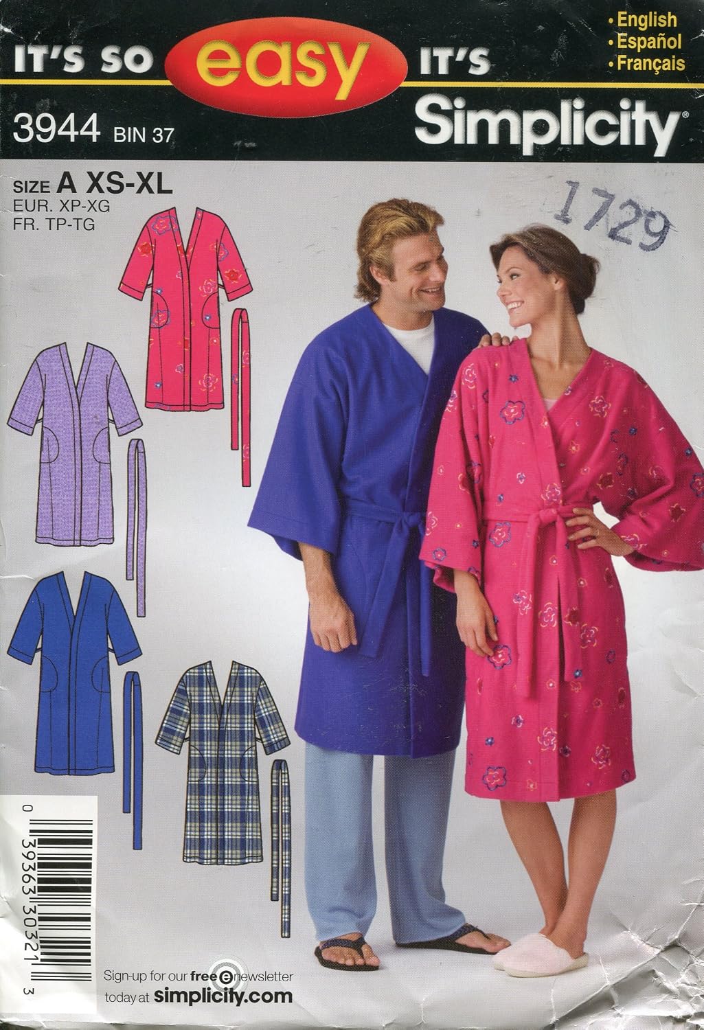 Simplicity Robe Pattern Amazon.com: Simplicity Pattern 3944 Misses', Men's or Teen's Robe, A ...