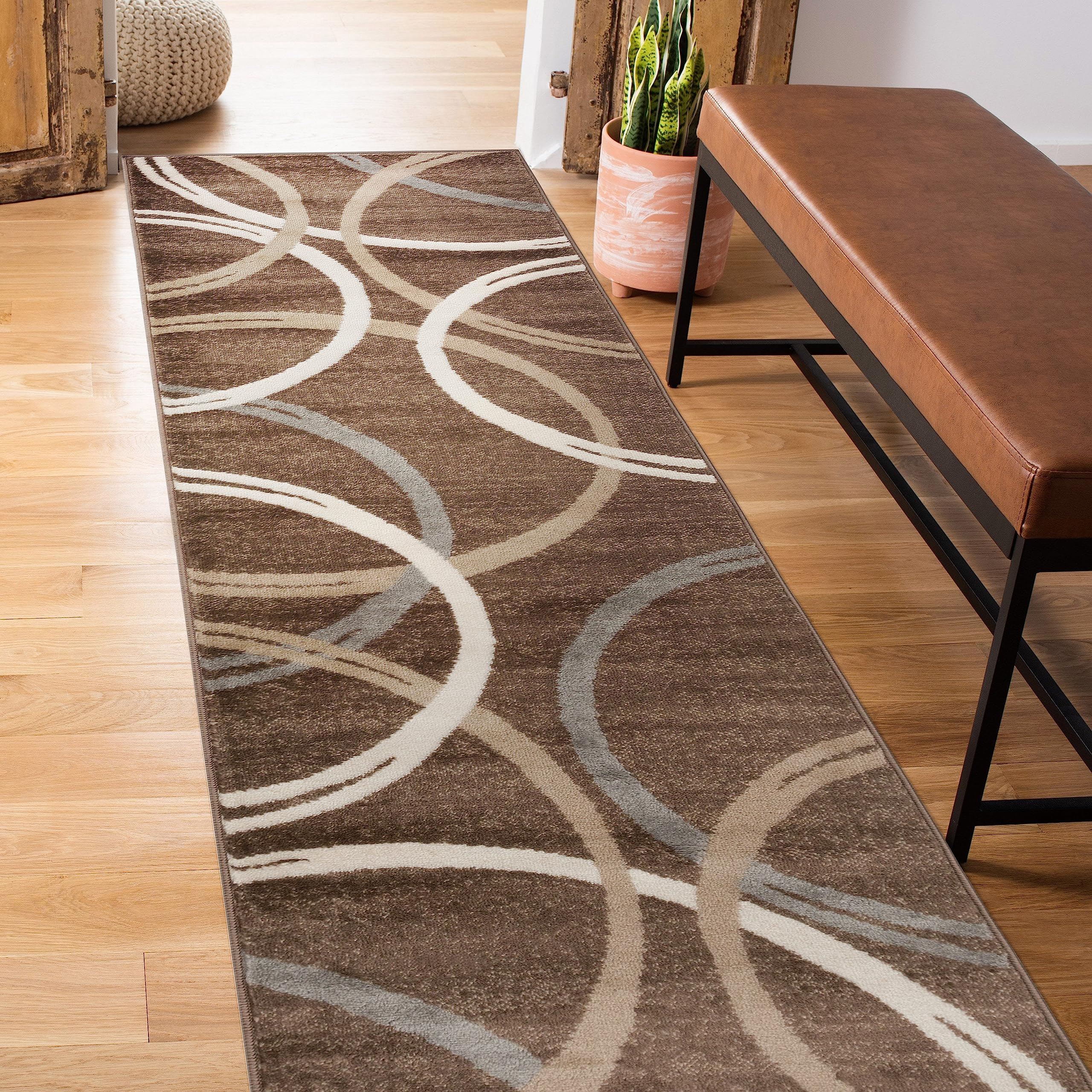 Rugshop Modern Wavy Circles Design Runner Rug Carpet with Jute Backing for Hallway Entryway or Kitchen Brown 2