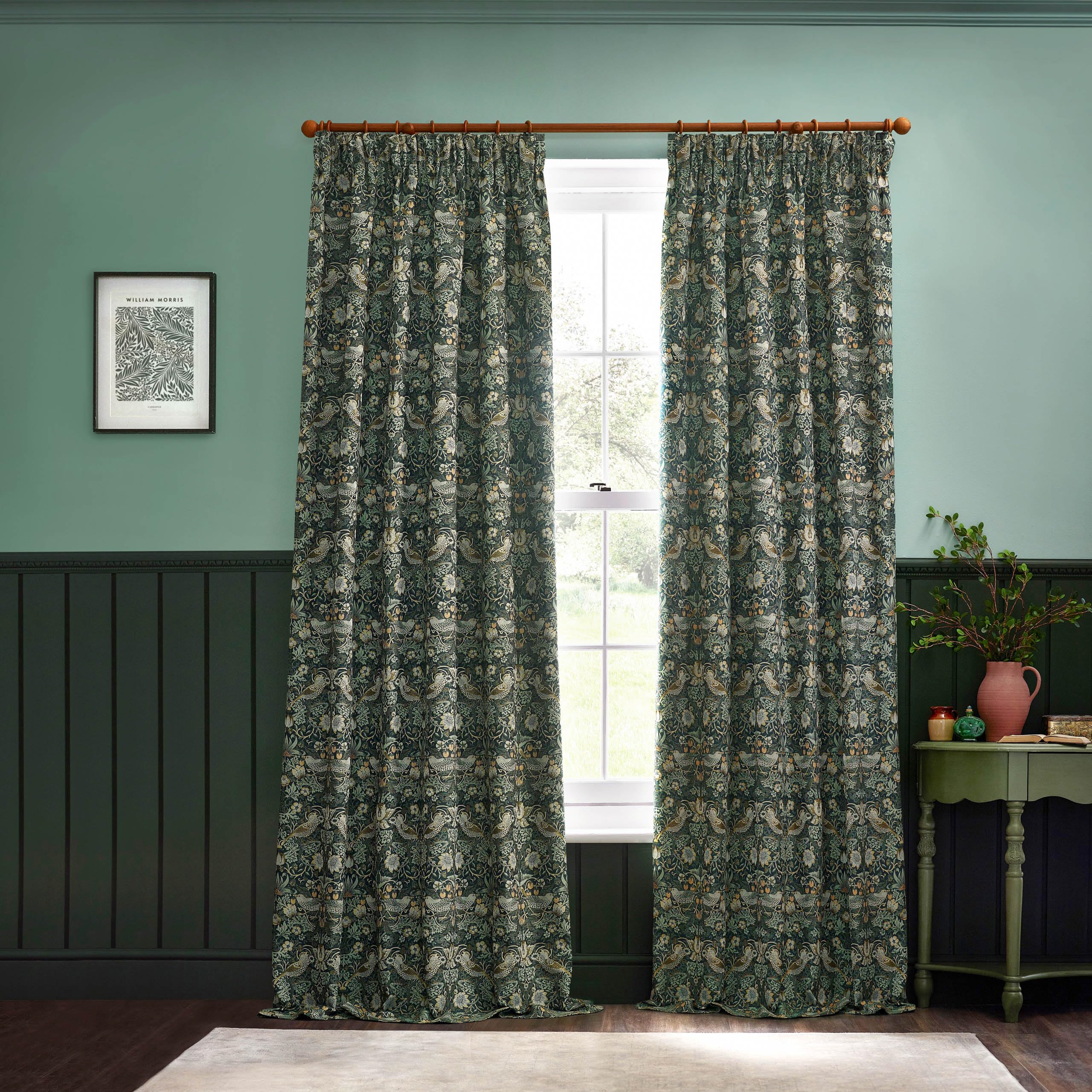 Morris & Co Green Strawberry Thief Jacquard Floral Room Darkening Pencil Pleat Curtain Pair In | Size: 229Cm Width X 229Cm Drop