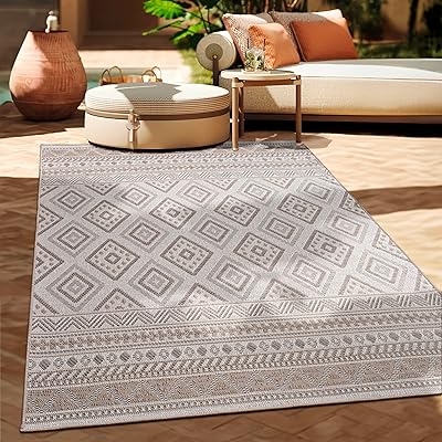 Paco Home Outdoor Teppich Flachgewebe Modern Boho-Style wetterfest & UV-beständig Ideal für Terrasse Balkon Wohnzimmer & Küche, Grösse:120x160 cm, Farbe:Beige 2