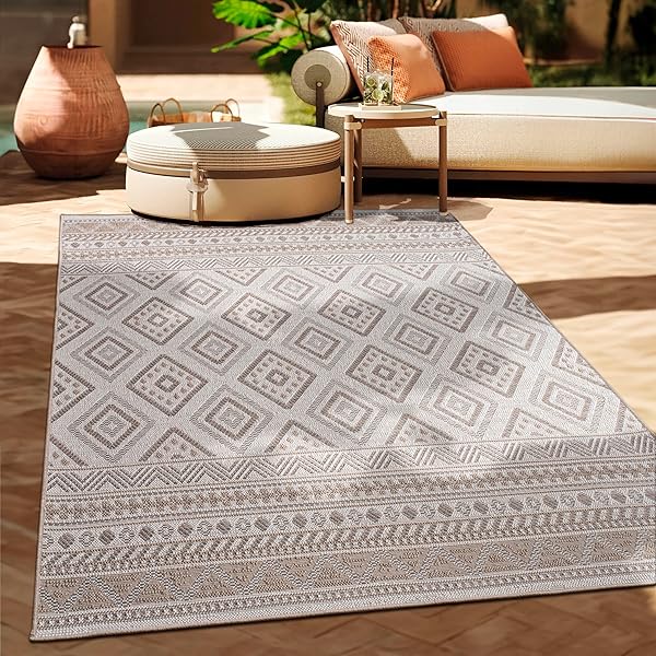 Paco Home Outdoor Teppich Flachgewebe Modern Boho-Style wetterfest & UV-beständig Ideal für Terrasse Balkon Wohnzimmer & Küche, Grösse:120x160 cm, Farbe:Beige 2