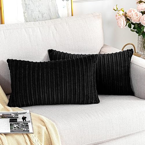 UGASA - Juego de fundas de almohada decorativas de pana a rayas suaves y sólidas, fundas de cojín para sofá dormitorio, 2 piezas, 12 x 20 pulgadas,