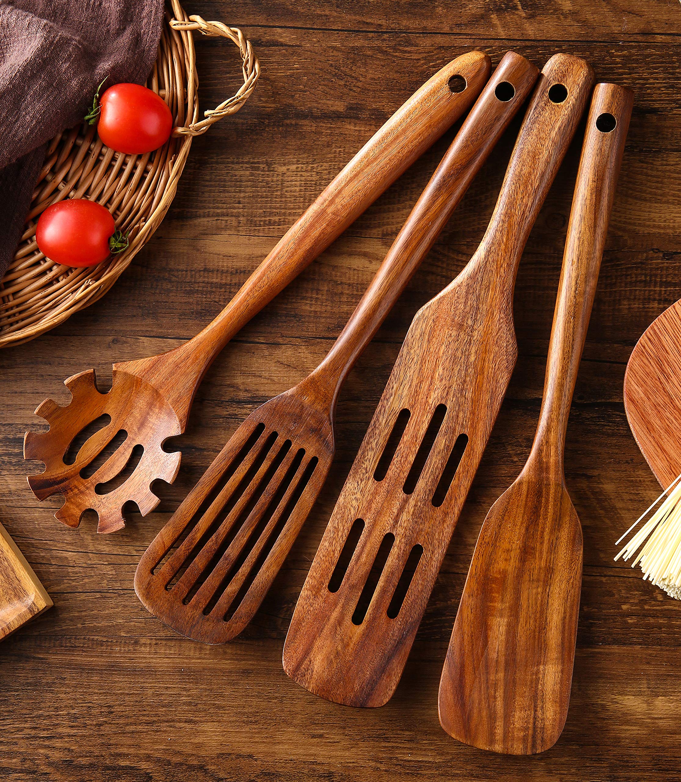 Ensemble d'ustensiles de cuisine 11 pièces en bois de teck avec cuillères, spatules et spurtles antiadhésifs