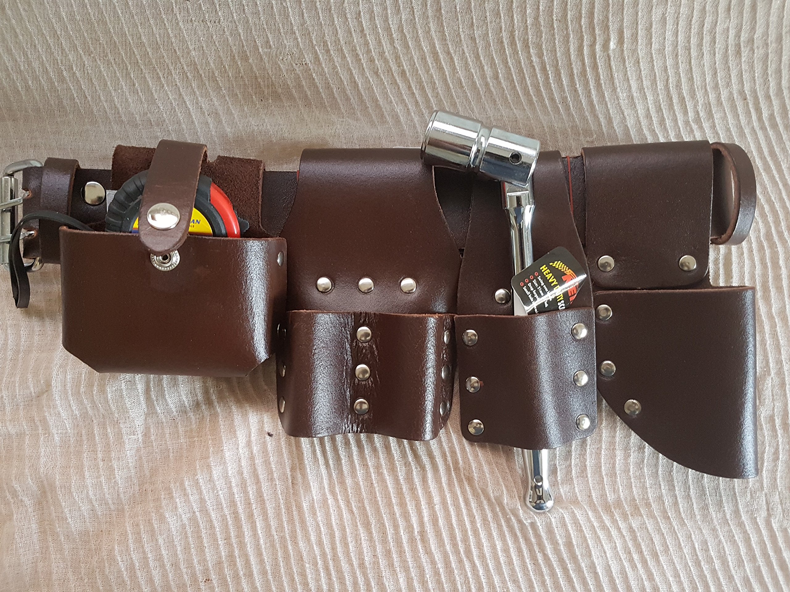 Bbi Ltd Brown Scaffolding Leather Bbi Tool Work Belt With Tool Set Spanner Ratchet Level Tapepouch/Pockets/Frog (Beltspanner 716 And Tape)