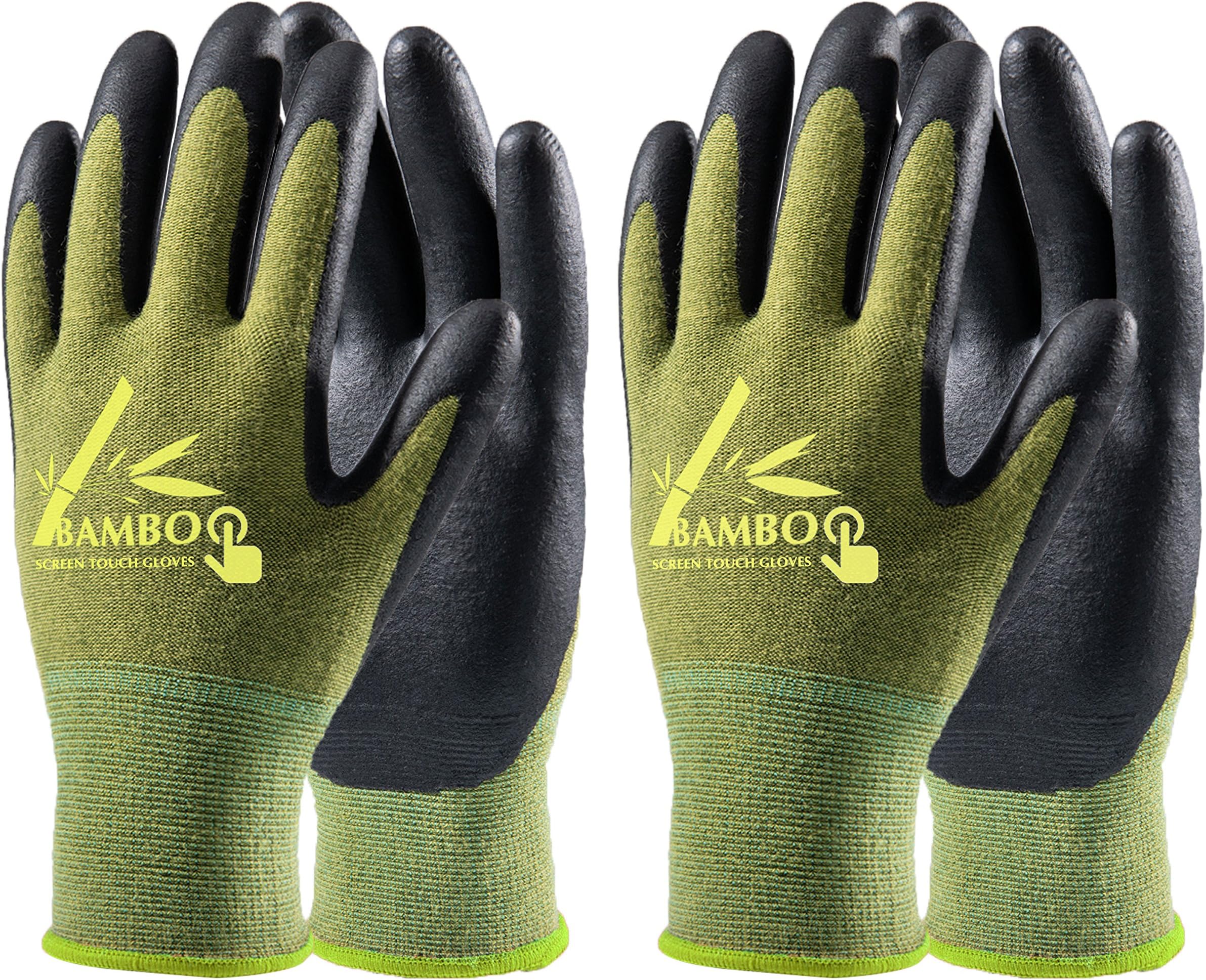 COOLJOB Bamboo Working Gloves for Men, Nitrile Coated Gardening Gloves, Green/Black, 2 Pairs Pack
