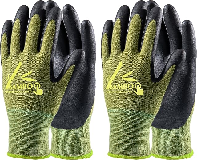 COOLJOB Gardening Gloves for Women and Men, 2 Pairs Bamboo Garden Gloves with Touchscreen, Breathable Nitrile Coated Work Gloves, Green, Small Size (2 Pairs S)