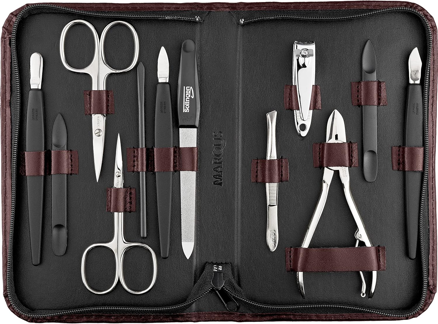 marQus Solingen Mega Manicureset Heren en Dames 12-delig – Nagelset Heren en Dames met alles wat je nodig hebt voor manicure en pedicure, in hoogwaardig echt lederen etui Manicureset Solingen