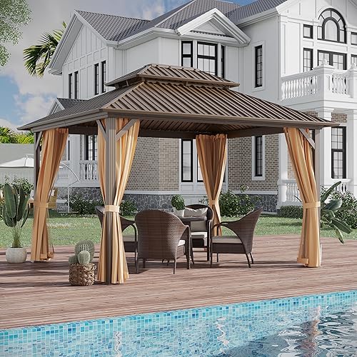 Miniatura 3 de Cenador permanente de 10 x 12 pies, toldo de pérgola de pabellón de doble techo de acero galvanizado para exteriores, con marco de aluminio y