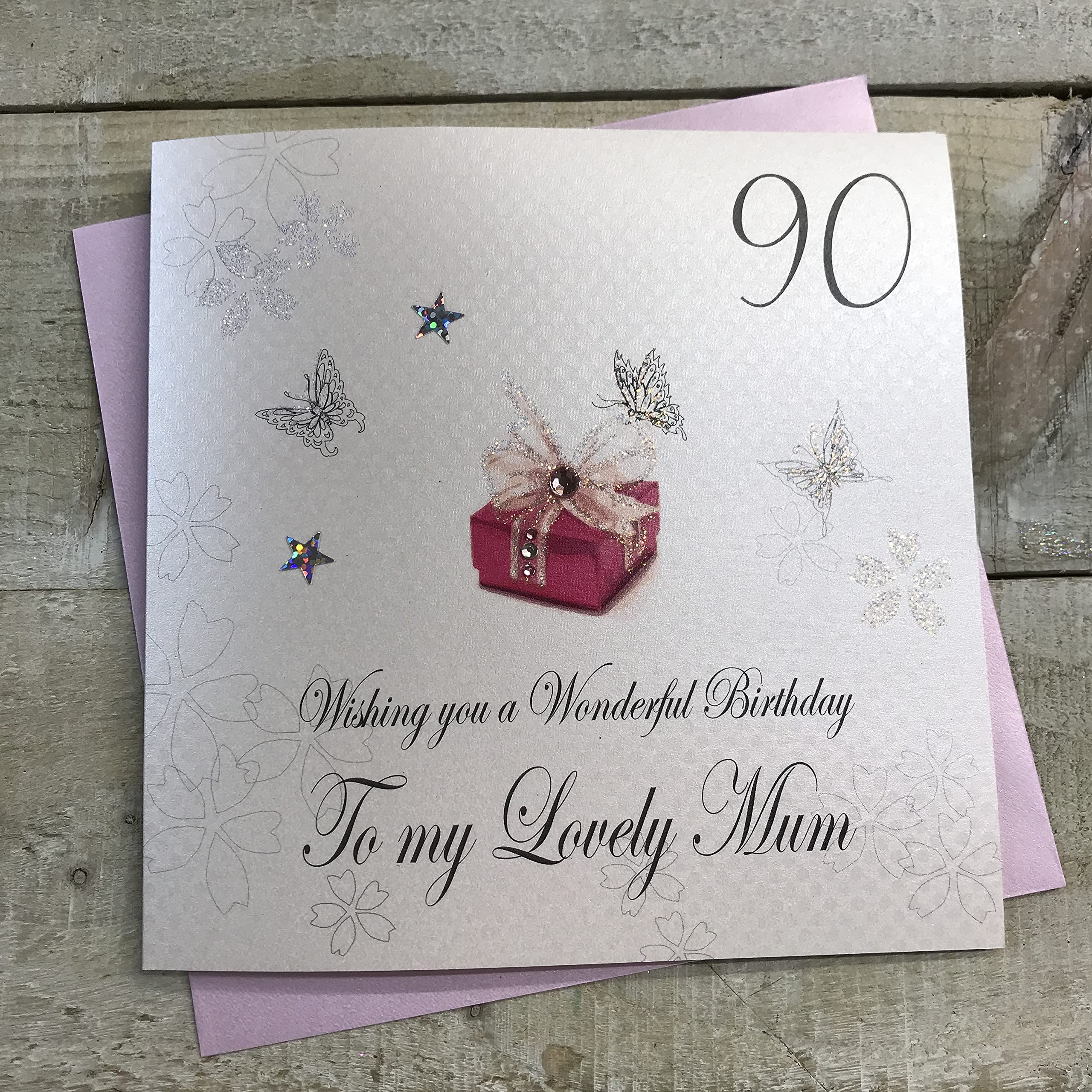 White Cotton Cards – Handgemachte Geburtstagskarte Zum 90. Für Mama, 16x16 Cm Mit Strass & Glitzer