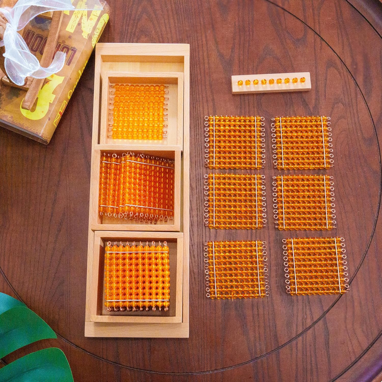 Premium Montessori Decimal System Set with Golden Beads& Trays - Working Set for Place Value & Operations, Math Materials for Kids 4-7+, Beechwood Box 16" (Introduction to Decimal Symbols with Trays)