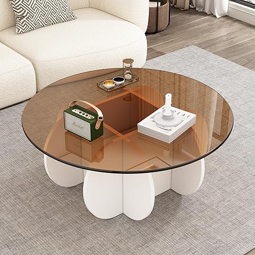Miniatura 5 de Mesa de café de vidrio, diseño moderno de mediados de siglo, mesas de café redondas modernas de vidrio templado de 31.5'' para sala de estar, mesa