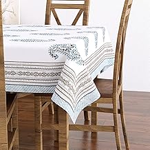 BLOCKS OF INDIA Cotton Hand Block/Batik Printed Rectangular Table Cloth for 6 Seater Dining Table (145 cm X 225 cm, Turquoise Grey Paisley, Pack of 1)