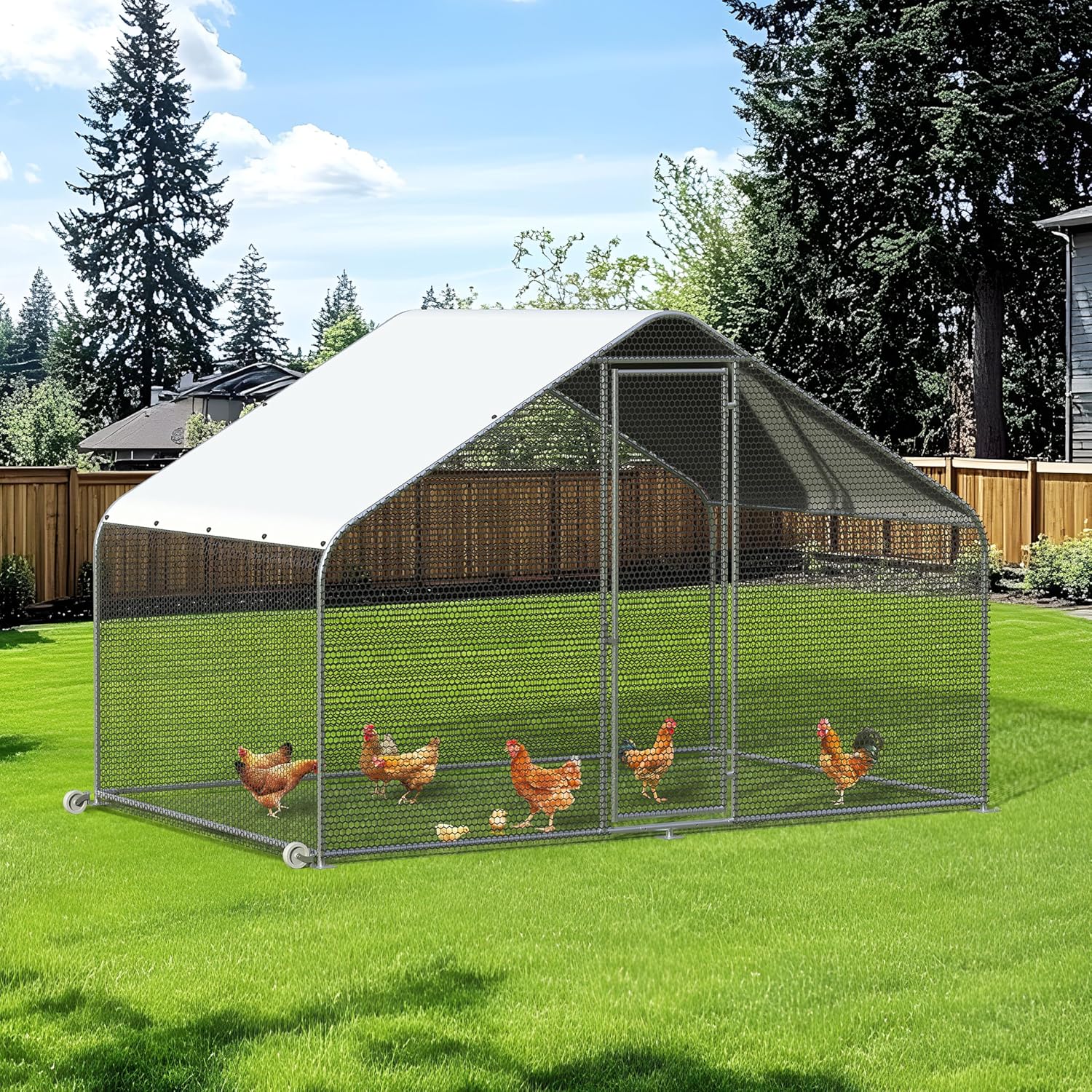 PETS TUFF Chicken Chalet - Chicken Coop for Chickens, Ducks, Rabbits & More - Predator-Resistant, Strong Wire with Mesh Bottom - Wheels for Easy Moving - Wind & Snow Durable Chicken Pen - 124”x81”x79”