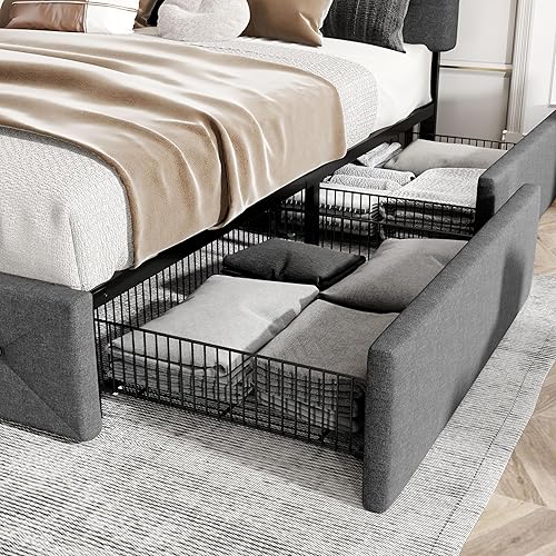 Miniatura 80 de HOOMIC Base de cama de almacenamiento de plataforma de tamaño matrimonial con 4 cajones y cabecera ajustable, listones de madera, no necesita Negro,