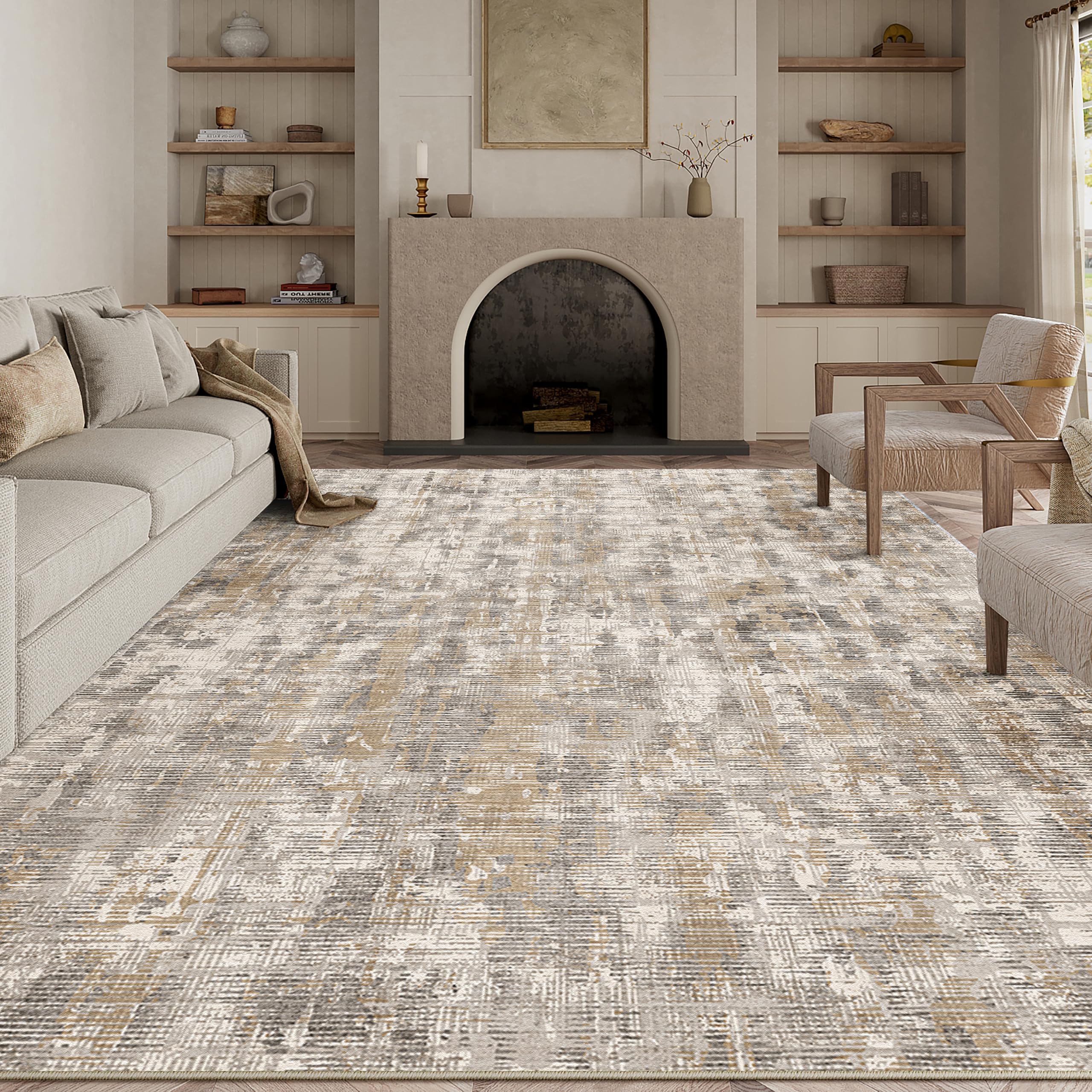 PureCozy Rugs Living Room Brown Area Rug 240x300cm Bedroom Washable Non Slip Large Boho Abstract Neutral Carpet Lounge Dining Room Office Low Pile Soft Carpets