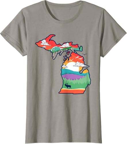 Miniatura 22 de Michigan Outside Vintage Nature Illustration Artistic T-Shirt Slate Grey,White,Baby Blue,Red,Silver Grey,Dark Green,Kelly Green,Olive Green,Lemon