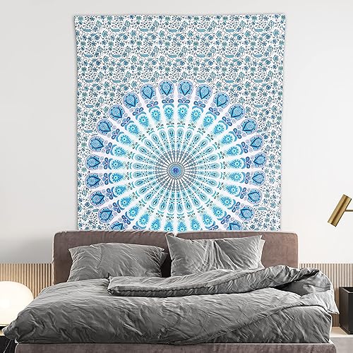 Miniatura 3 de Tapiz hippie indio bohemio psicodélico azul dorado pavo real mandala colgante en la pared (pavo real azul cielo, tamaño individual (54 x 72