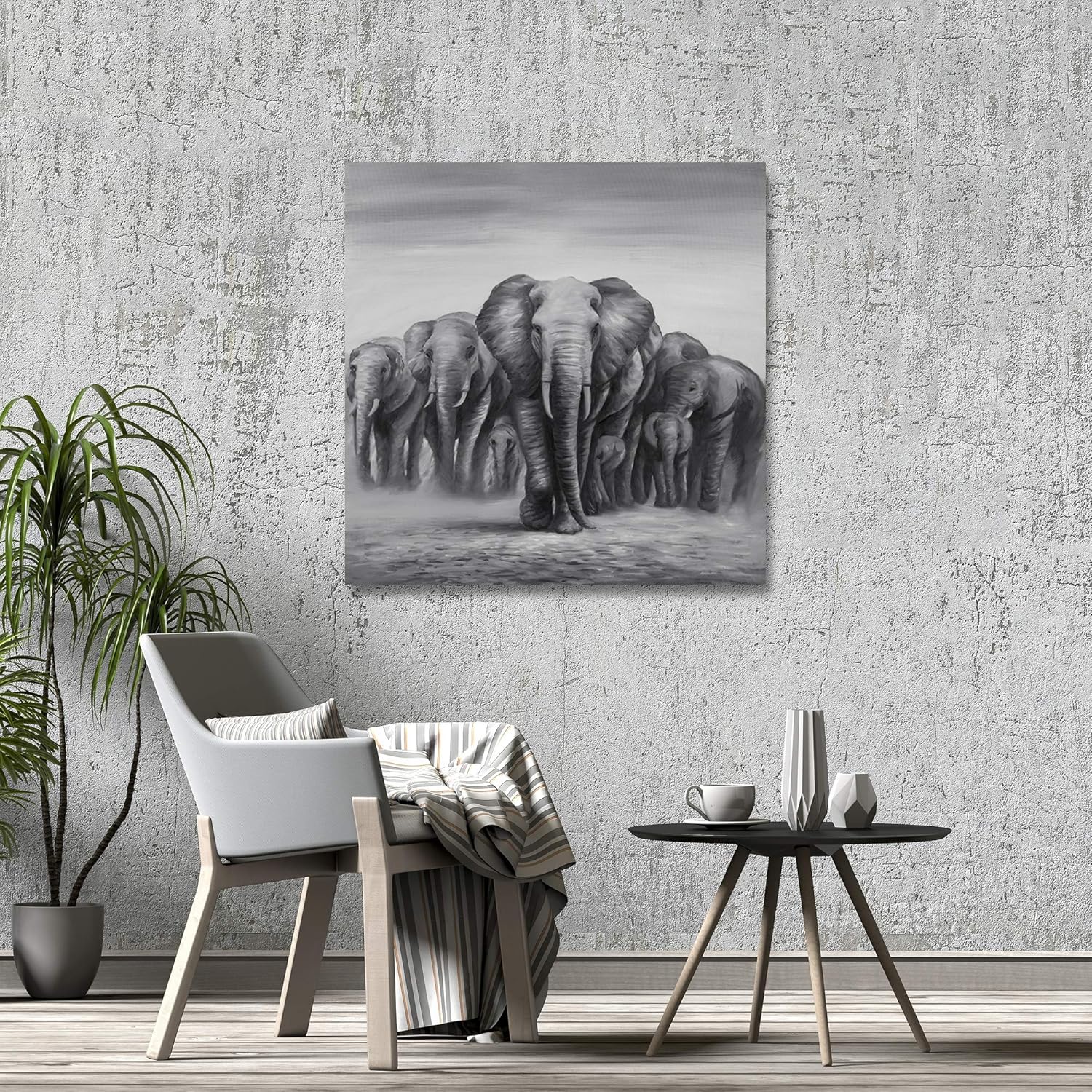 BEGIN DECO MAISON - HOME DECOR Herd Elephants Wrapped Canvas, 36x36, Multicolor