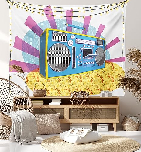 Miniatura 8 de Ambesonne Tapiz de fiesta de los años 70, caja retro en arte pop, música de baile, composición colorida impresa, colgante de pared para dormitorio,