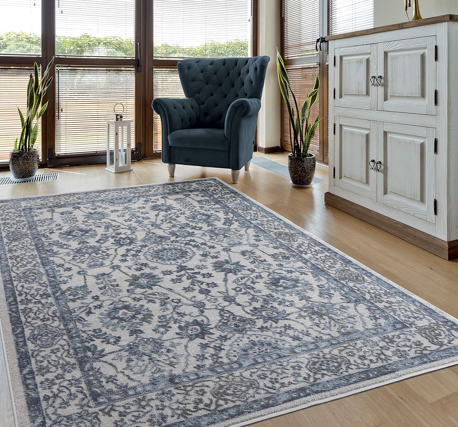 Transitional Blue Distressed Design Area Rug 63" x 86"