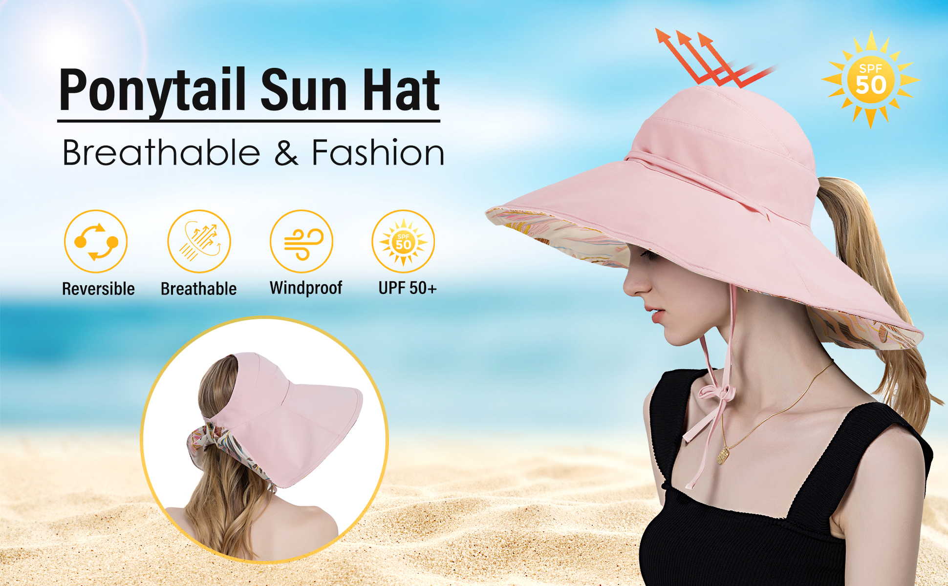 Sombrero reversible para mujer con ala ancha y protección UPF 50+ miniatura 7