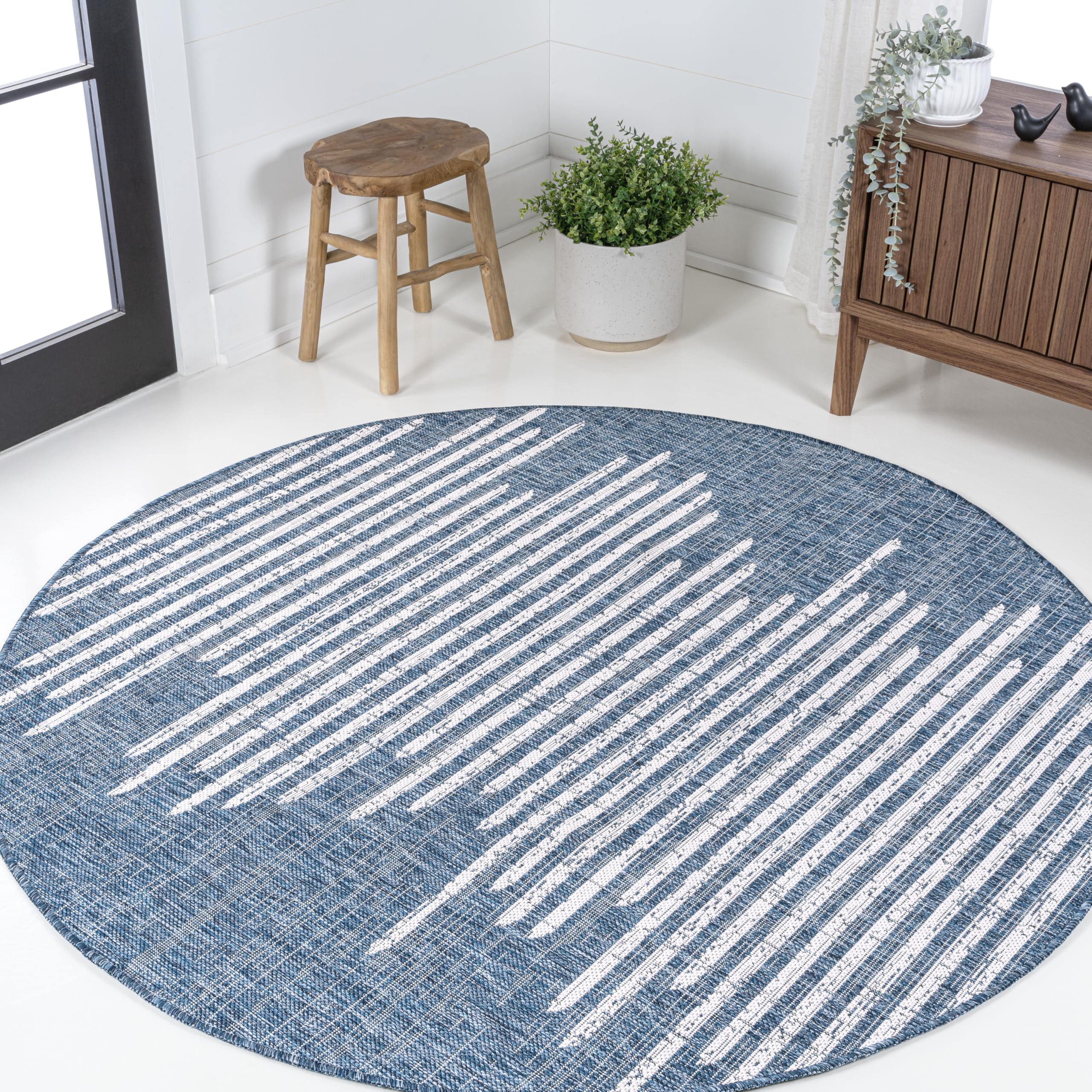 Condition photo showing New/Like New for JONATHAN Y Stripe Geometric Indoor Outdoor Round Area Rug 6 Ft Blue/Ivory, Zolak Berber for Backyard, Patio, Porch, Easy-Cleaning, High Traffic, Pet-Friendly, Non-Shedding (SMB124C-6R)