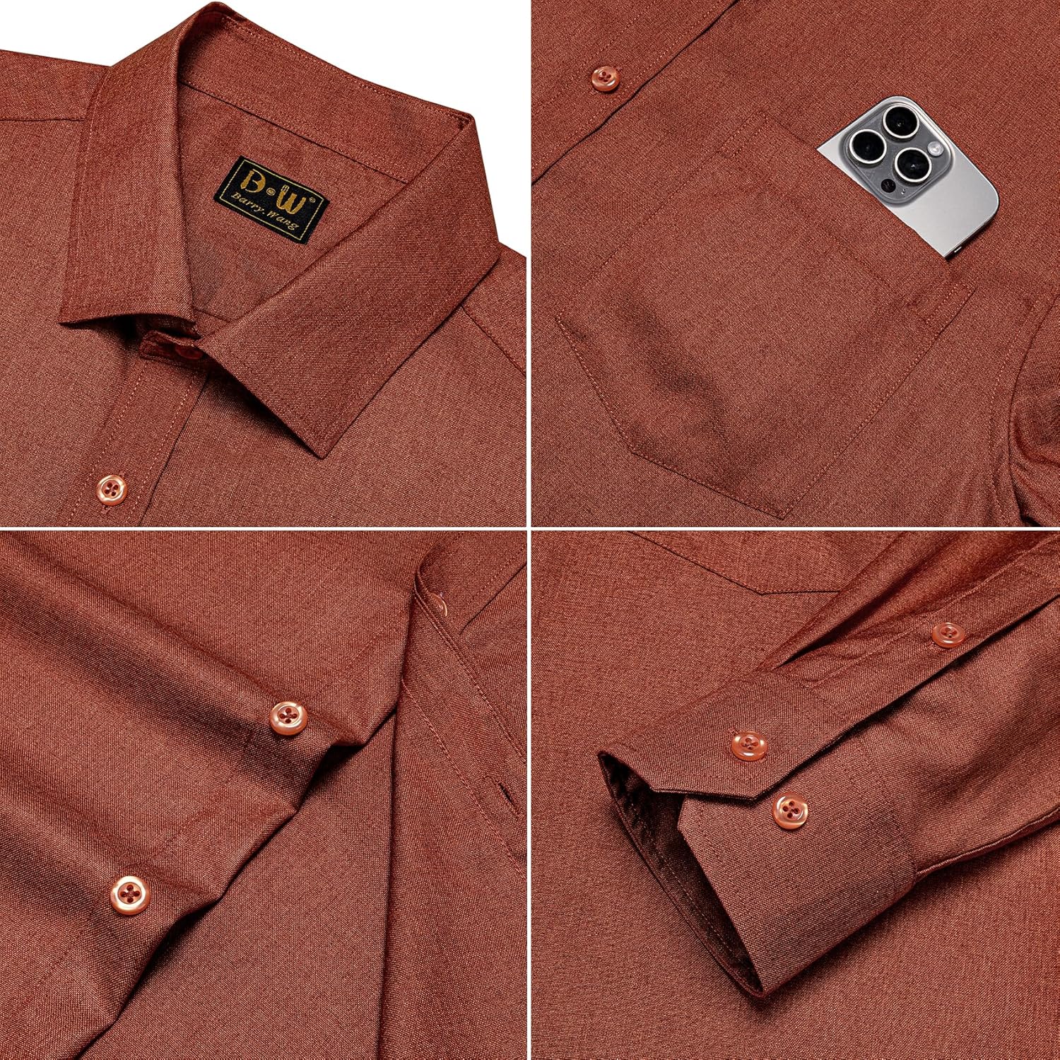 Barry.Wang Mens Linen Long Sleeve Shirt Solid Button Down Lightweight Casual Business Vacation Dress Shirt with Pocket - Image 4