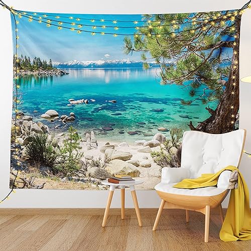 Miniatura 9 de Ambesonne Tapiz de naturaleza, reflejo de montaña nevada del lago Tahoe, vista de la costa rocosa de agua clara, decoración de tela para colgar en