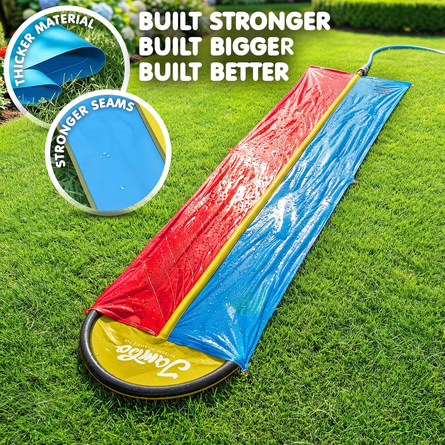 JAMBO 25ft Double Lane Slip Splash and Slide with 2 Bodyboards with Built in Sprinkler for Backyard Outdoor Water Fun for Kids