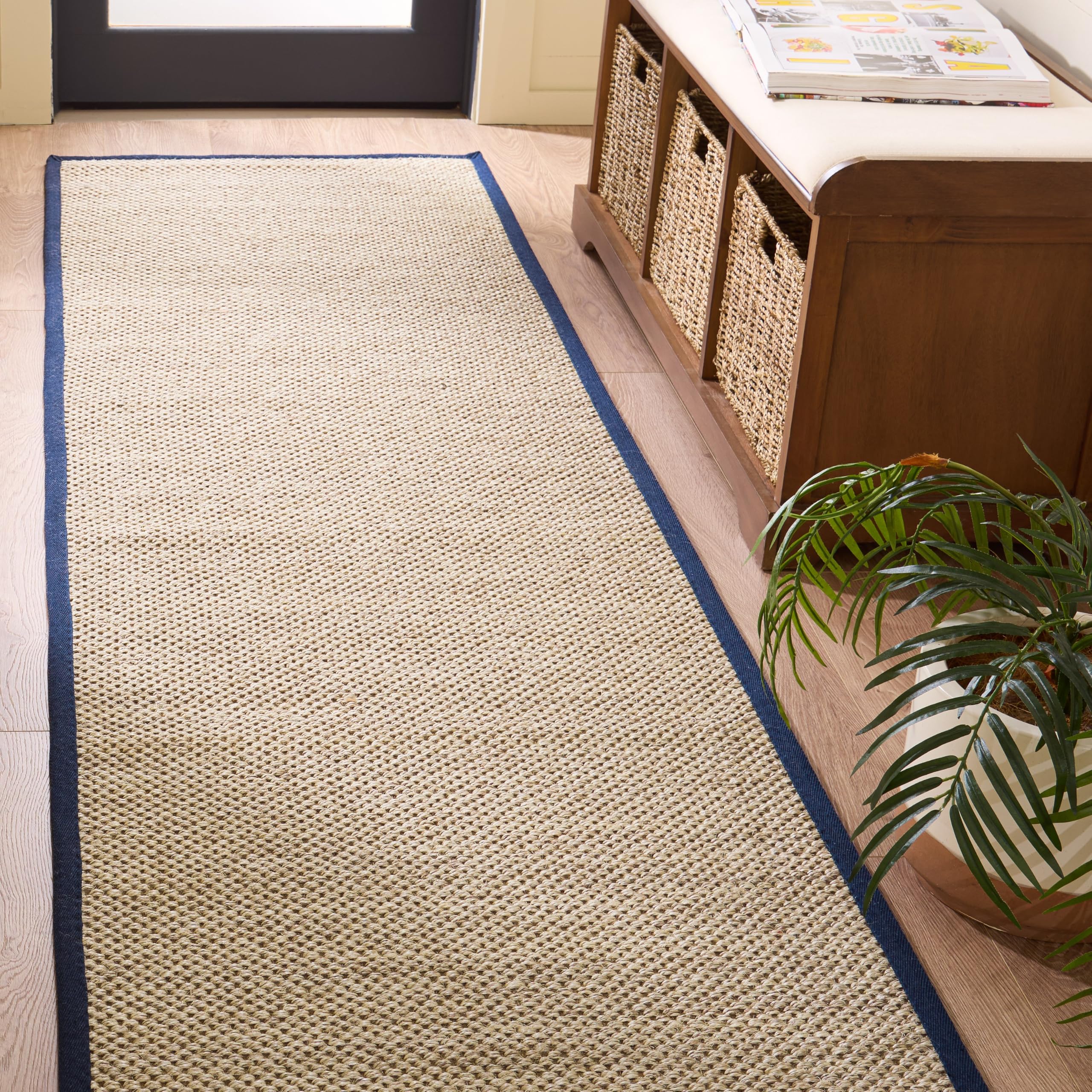 SAFAVIEH Natural Fiber Sisal Runner Rug 3x10, Coastal Bordered Navy NF143N