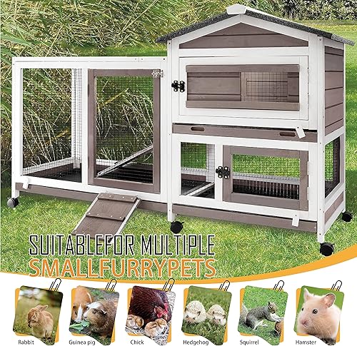 Miniatura 5 de PetsCosset - Jaula para conejos de 57" de largo, para interior y exterior, de 2 pisos, jaula grande para conejos con área descubierta, jaula