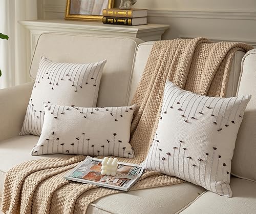 Miniatura 7 de Juego de 2 fundas de almohada bohemias de 20 x 20 pulgadas, fundas de almohada decorativas para cama, fundas de almohada neutras beige con línea de