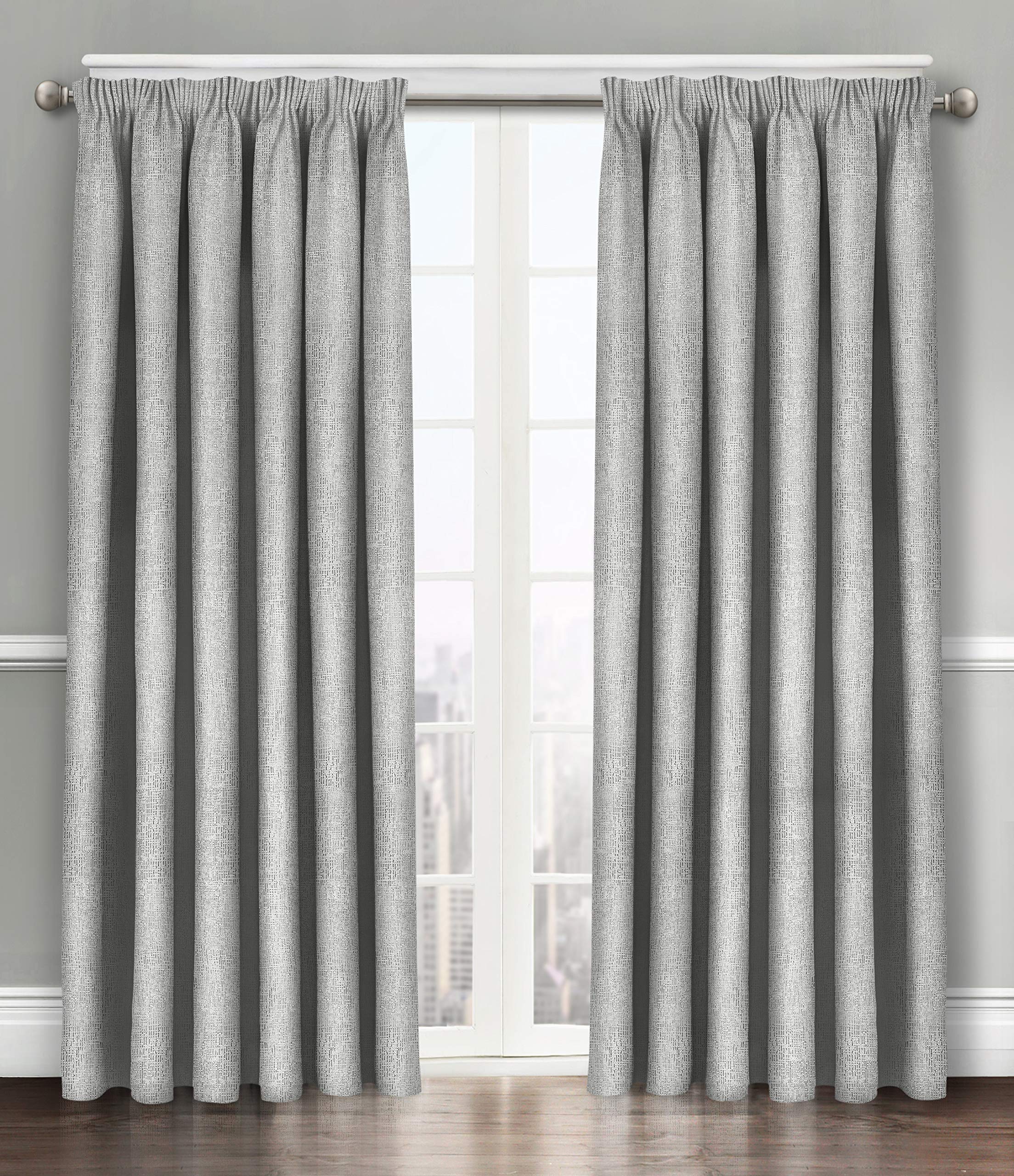 Velosso Silver Grey Soft Thermal Insulated Pencil Pleated Dim Out Curtain Pair - 90% Blackout Embossed Curtains (, 46X72)