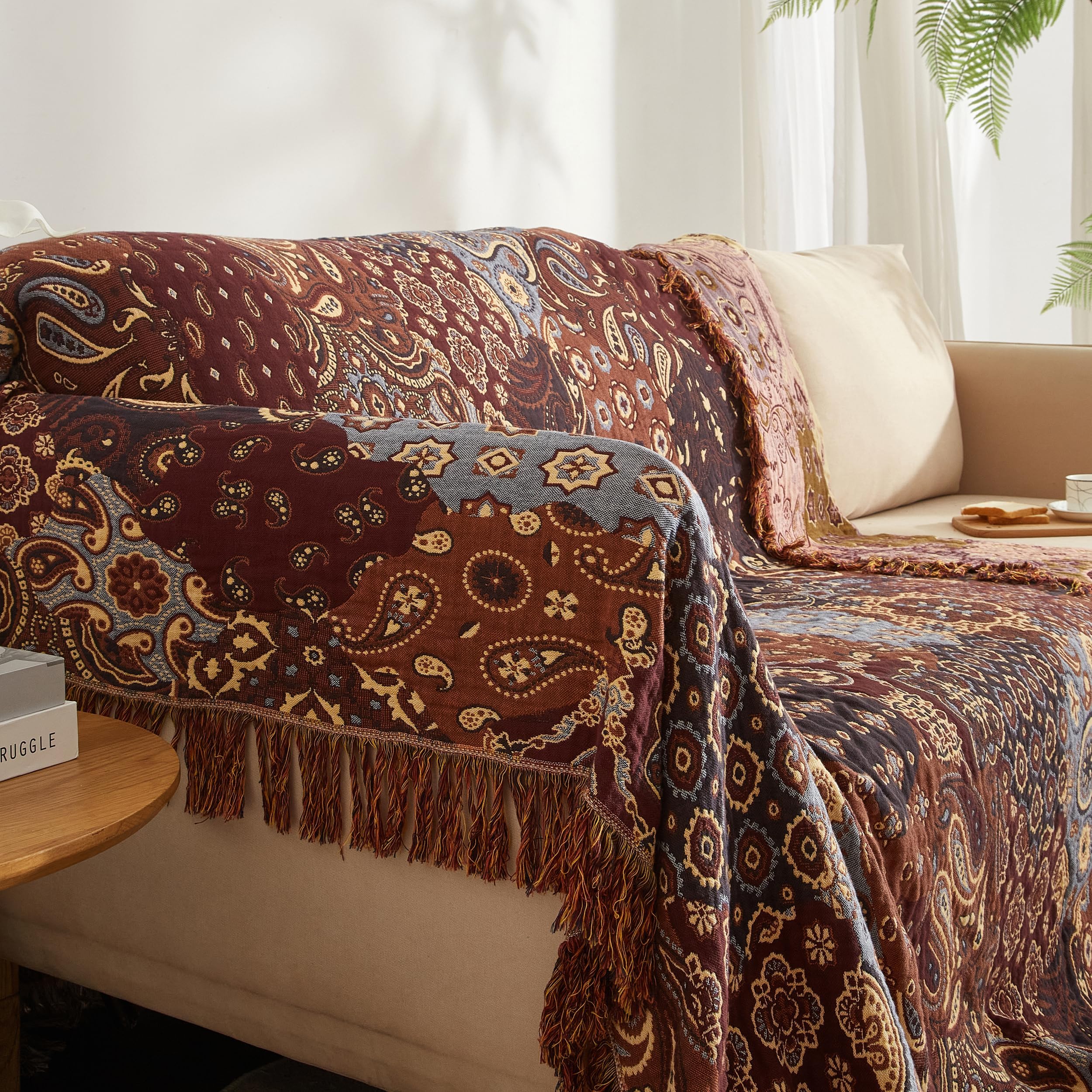 SE SOFTEXLY Couverture bohème 100 % coton - Grand couvre-lit double face en mousseline - 200 x 230 cm - Couverture de canapé et jeté de lit - Design esthétique - Idéal pour le salon et la chambre à