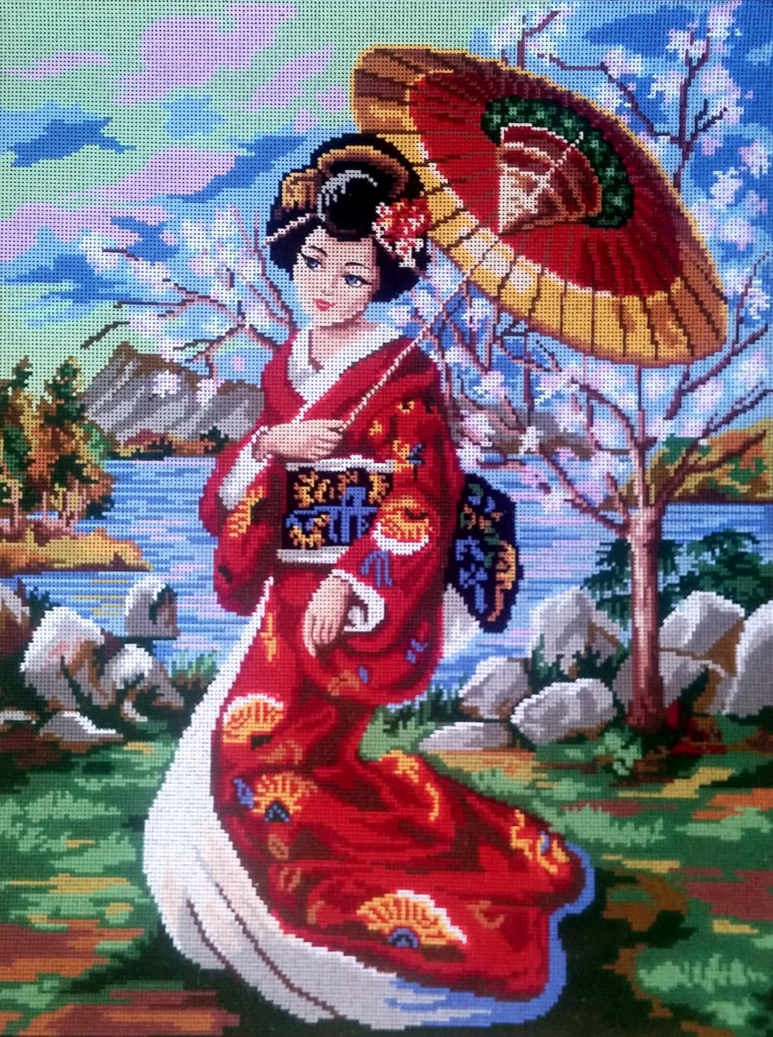 GEISHA IN A RED KIMONO NEEDLEPOINT CANVAS GOBELIN L #10.520, CANVAS ONLY