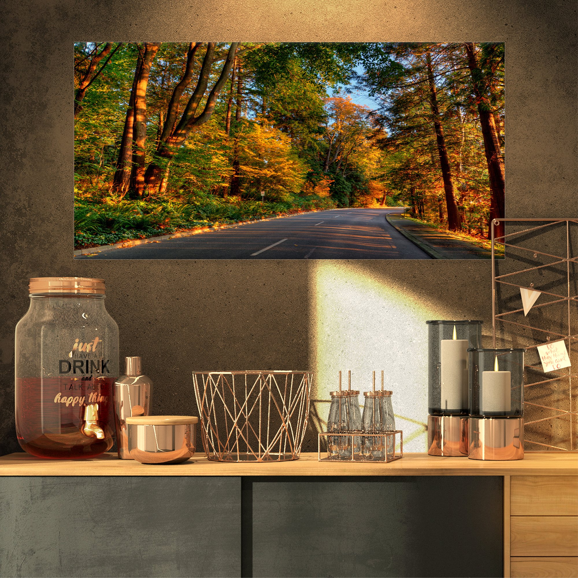 Design ArtRoad Through Lit-up Fall ForestLandscape Wall Art Print Canvas, Cotton, 32x16