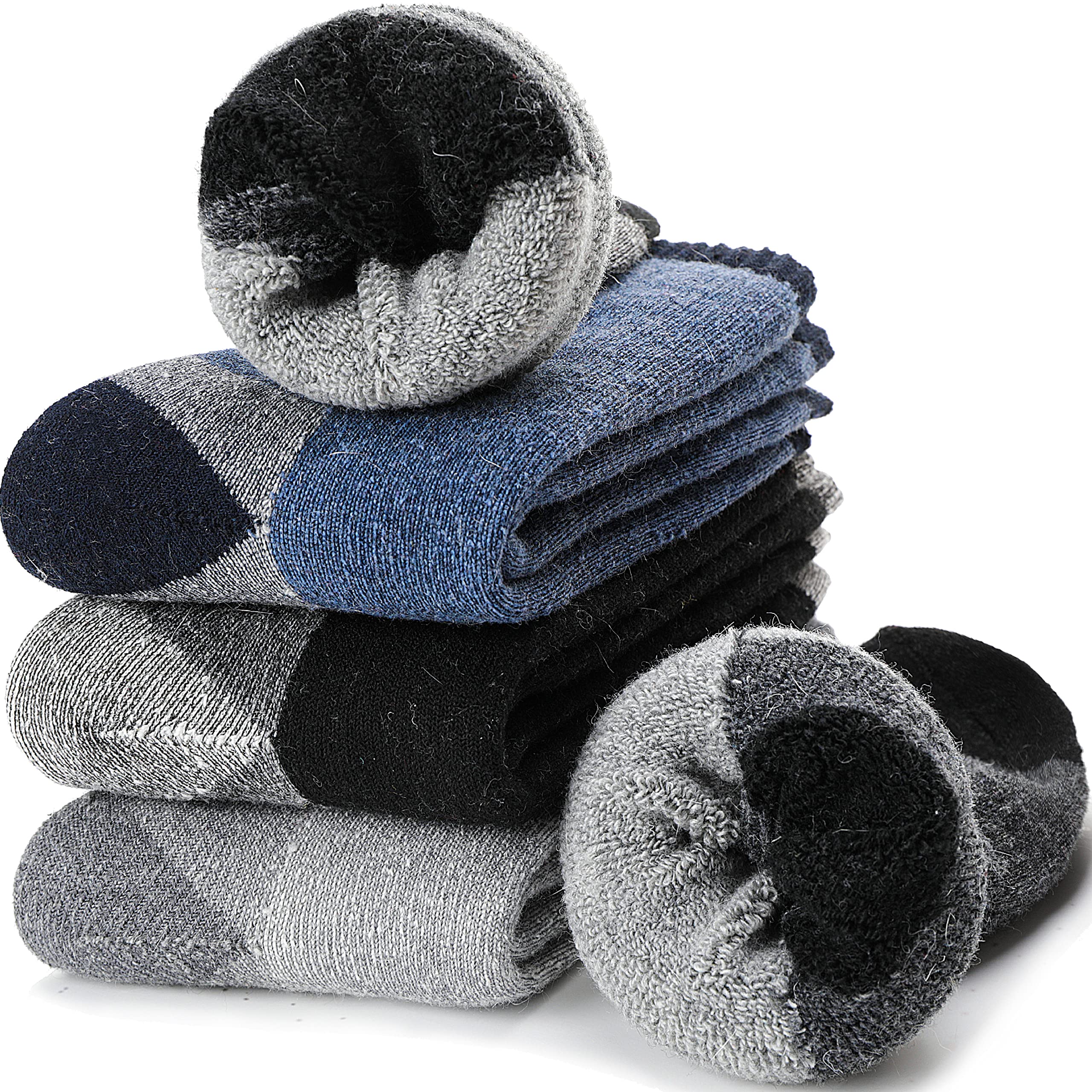 EBMOREMen Merino Wool Socks Super Thick Thermal Hiking Winter Warm Boot Heavy Soft Cozy Socks for Cold Weather, Gray/White/Black/Blue (4 Pairs)-regular Thick, One size