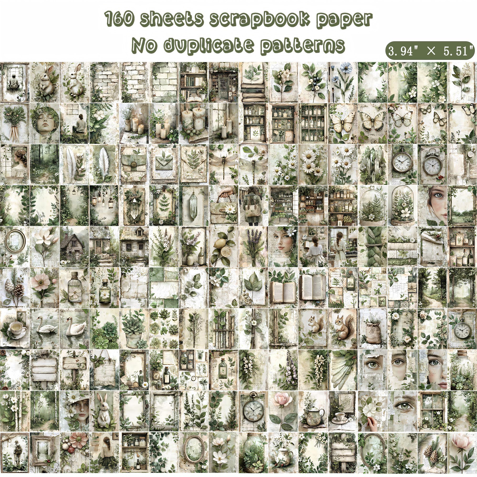 160 arkuszy vintage, kwiat, do scrapbookingu, papier, zielony, kolaż, kwiaty, bez powtarzających się wzorów, idealny do pamiętnika śmieci, kart DIY, albumów, artykułów do scrapbookingu, zielony, 9,9 x