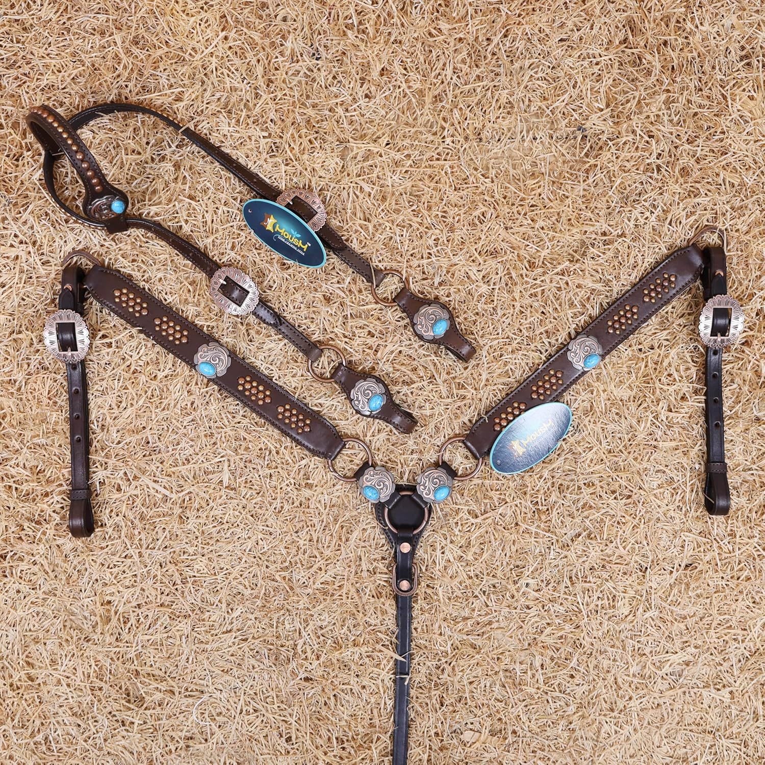Western Ring Headstall and Breast Collar Tack Set for Horse – Copper Studs, Turquoise Stone Conchos & Extra Ring on Breast Collar – Antique Copper Hardware – Argentina Cow Leather